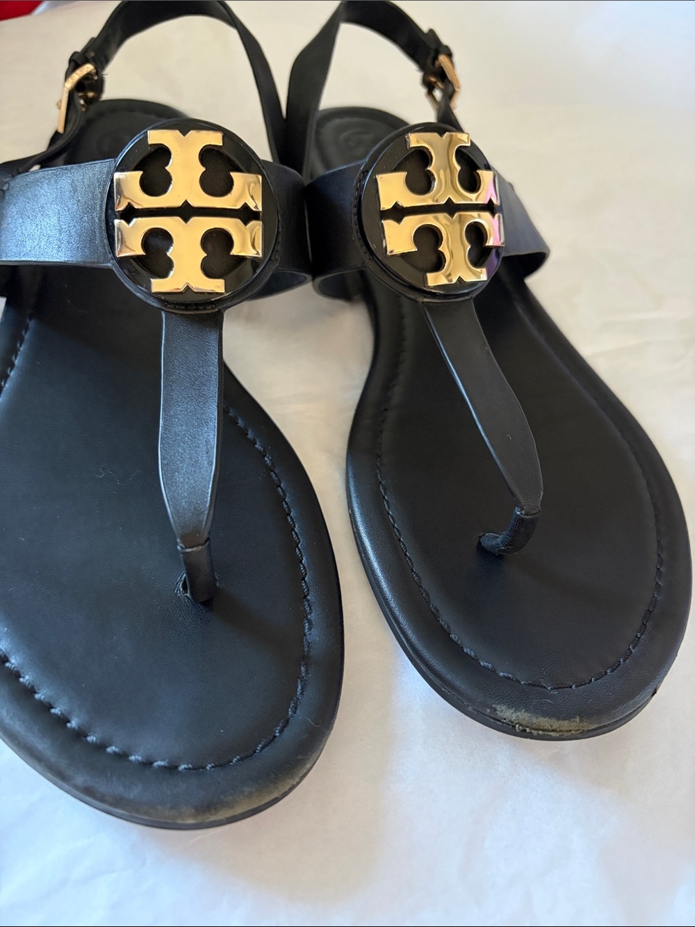 Tory Burch Black Leather Slingback Sandals with Gold Logo Size 10.5 - Picture 4 of 5
